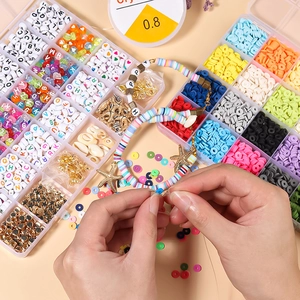 24-grid colorful clay bead kit for DIY jewelry making with elastic string and charms