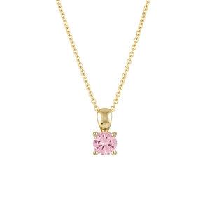 Detail of a 18K gold plated S925 silver necklace with a pink round gemstone pendant