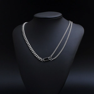 Double-layered titanium steel Cuban chain necklace with rectangular black cubic zirconia