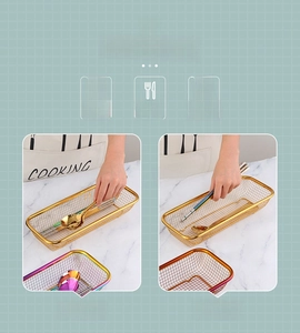 Detailed macro view of titanium-plated mesh storage basket for cutlery and utensils