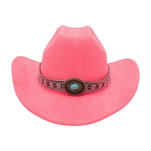 Detail of rose pink felt cowboy hat with bohemian turquoise stone hatband decoration