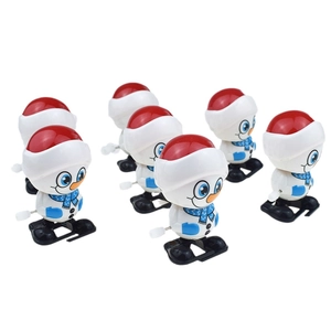 Detail view of 7-piece clockwork snowman toy set with red hats and blue scarves