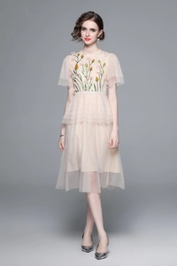 Elegant apricot mesh dress with 3D floral embroidery and layered ruffle sleeves