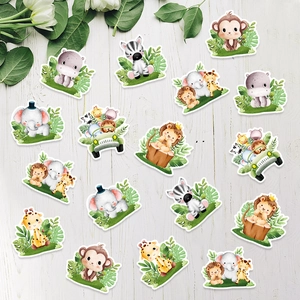 Watercolor jungle animal table confetti featuring lions, zebras and elephants for baby showers