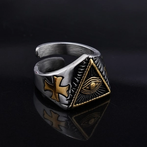 Men's retro stainless steel ring featuring golden triangle eye and cross relief details