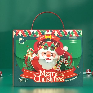 Festive Christmas apple gift box with cartoon Santa Claus and red rope handles