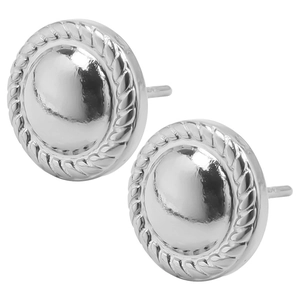 Macro detail of 304 stainless steel stud earrings with polished center and rope texture
