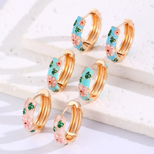 Vintage Chinese style floral enamel hoop earrings in gold with pink and blue flowers