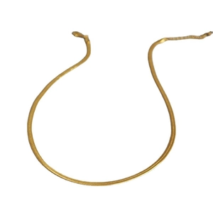 Minimalist gold plated brass flat snake bone chain necklace for women on white background