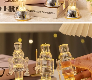 Close-up of clear acrylic nutcracker soldiers with warm LED lights and battery base