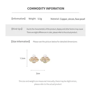 Size chart showing 1.5cm by 2cm fan-shaped earrings made of copper, zircon, and faux pearl