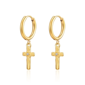 Elegant gold stainless steel hoop earrings with cross pendant and centered cubic zirconia