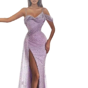 Lavender sequin evening gown with spaghetti straps and high slit side for a slim fit