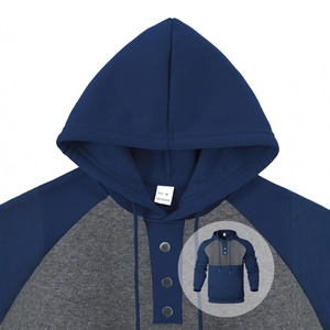Men's navy blue and grey panelled hoodie with buttoned neckline and hood detail