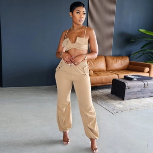 Front view of khaki two-piece cargo set with crop top and drawstring joggers