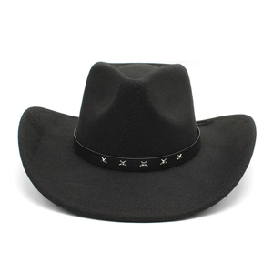 Detail of black wool fedora featuring a leather band with silver star metal studs