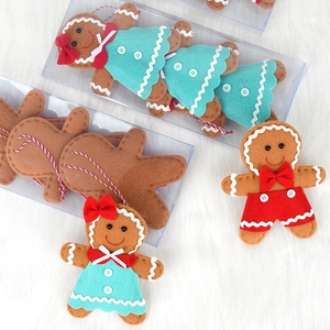 Charming fabric gingerbread man and girl Christmas tree ornaments with festive felt details