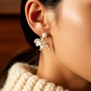 Détail des boucles d'oreilles cheval à bascule plaquées or 14 carats avec perles