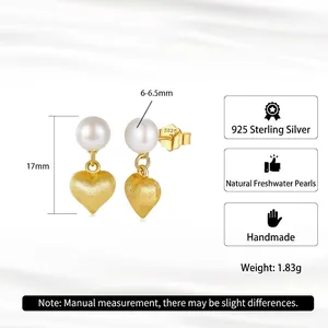 S925 sterling silver heart pearl drop earrings with 6mm natural freshwater pearls