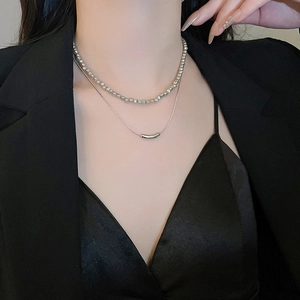 2-piece double-layered geometric faux pearl necklace for women in elegant silver finish