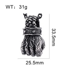 Detailed dimension guide for vintage silver fist pendant showing weight, height, and width