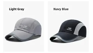 Detail of breathable side mesh and SPORT logo on light gray and navy baseball caps