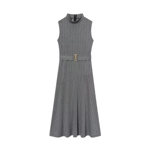 Robe Mi-Longue Sans Manches Femme Motif Chevrons Polyester Col Montant Avec Ceinture Élégante Travail