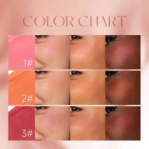 Three-shade solid blush stick color chart on various skin tones with a soft satin finish