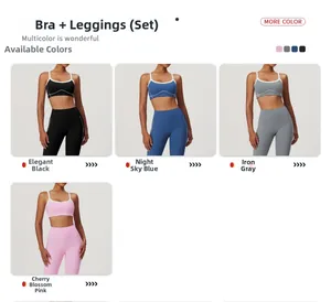 Collage of high-waist yoga sets in four colors with white trim details and sports bra
