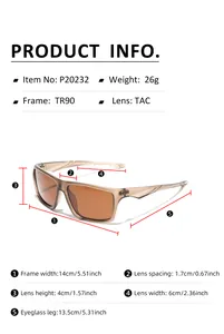Size guide for Y2K square TR90 polarized sunglasses showing frame and lens dimensions