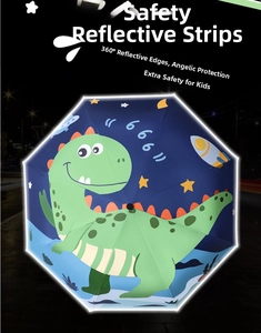 Detail view of navy kids umbrella with dinosaur patterns and safety reflective edge strip