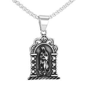 Silver Virgin Mary shrine pendant necklace with sparkling stones on a box chain