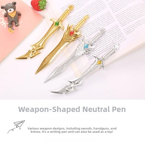 Macro detail of weapon-shaped gel pens with metallic finish and colorful gemstone accents