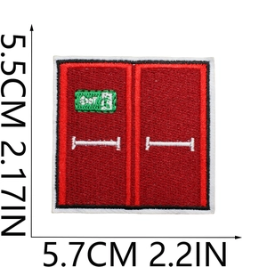 Close-up of red EXIT fire safety embroidered patch with detailed 5.5cm x 5.7cm dimensions