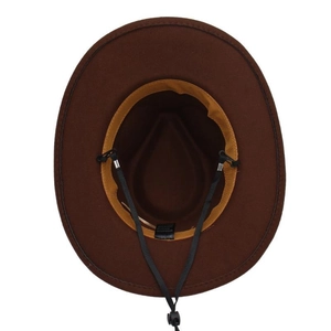 Detail of brown fedora interior featuring adjustable drawstring and yellow sweatband