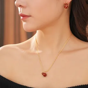 18k gold plated necklace and earrings set featuring red gourd pendants in retro style