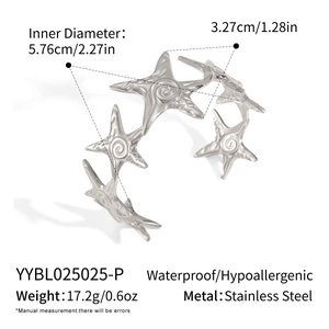 Detail view of silver starfish open cuff bracelet showing 5.76cm diameter measurements