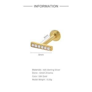 Detailed spec view of 18K gold plated 925 silver flat back stud with AAAA zircons