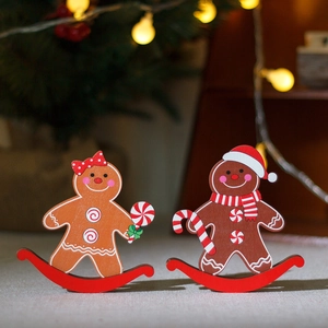 Wooden gingerbread man rocking horse Christmas ornaments with warm festive lighting background