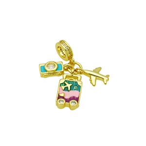 Detail of travel charms with camera, suitcase, and plane icons in gold finish