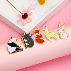 5-piece set of geometric origami style animal enamel pins including fox and panda