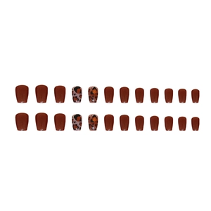 Set of 24 orange-red cat eye press-on nails with leopard print and glossy finish
