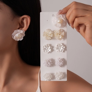 Flower Stud Earrings Fabric Lace Acrylic Faux Artificial Pearl With Silver Earring Post Elegant Sweet Vacation Style Accessories