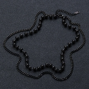 Double-layered black bead and cuban link necklace in vintage stainless steel finish