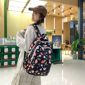Cute black school backpack with pink strawberry and cloud print for students