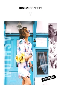 Floral print long-sleeved shirt dress shown in a vibrant lifestyle fashion photography setting