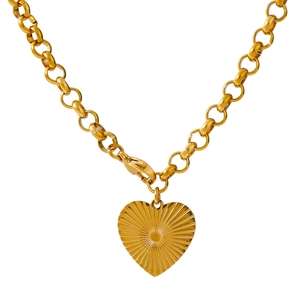 Golden titanium steel heart necklace with radial sunburst engraving and thick link chain