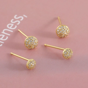 Luxury geometric round gold stud earrings set with pavé micro-inlaid sparkling zircon stones