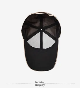 Detail view of the 6-panel interior, sweatband, and metal buckle of the men's baseball cap