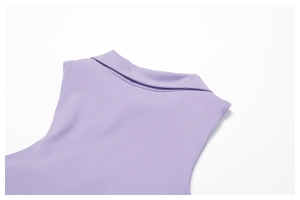 Close-up of polo collar and stitching on lavender purple moisture-wicking sports top